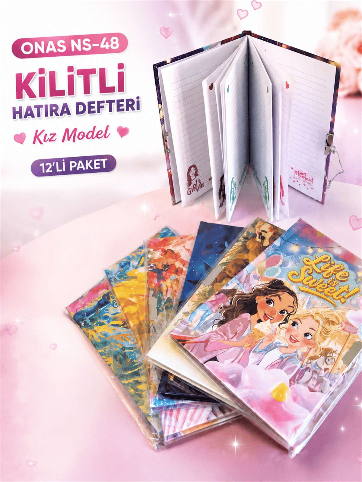 ONAS NS-48 KIZ MODEL KİLİTLİ HATIRA DEFTERİ PK:12 Lİ