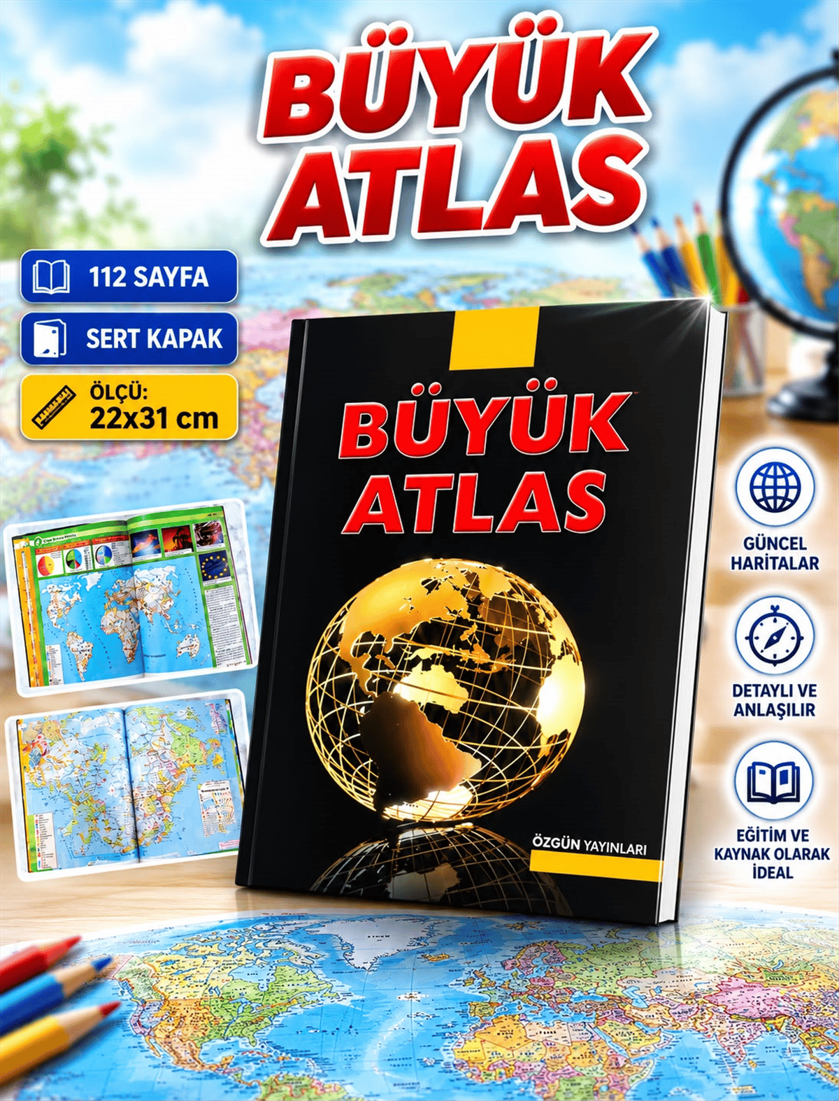 ÖZGÜN 188 BÜYÜK ATLAS 112 SAYFA  SERT KAPAK 22X31 *30