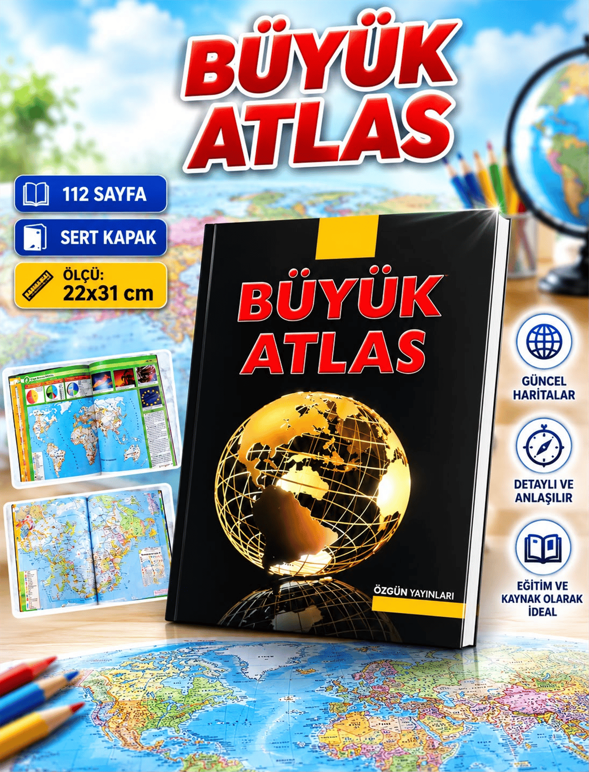 ÖZGÜN 188 BÜYÜK ATLAS 112 SAYFA  SERT KAPAK 22X31 *30