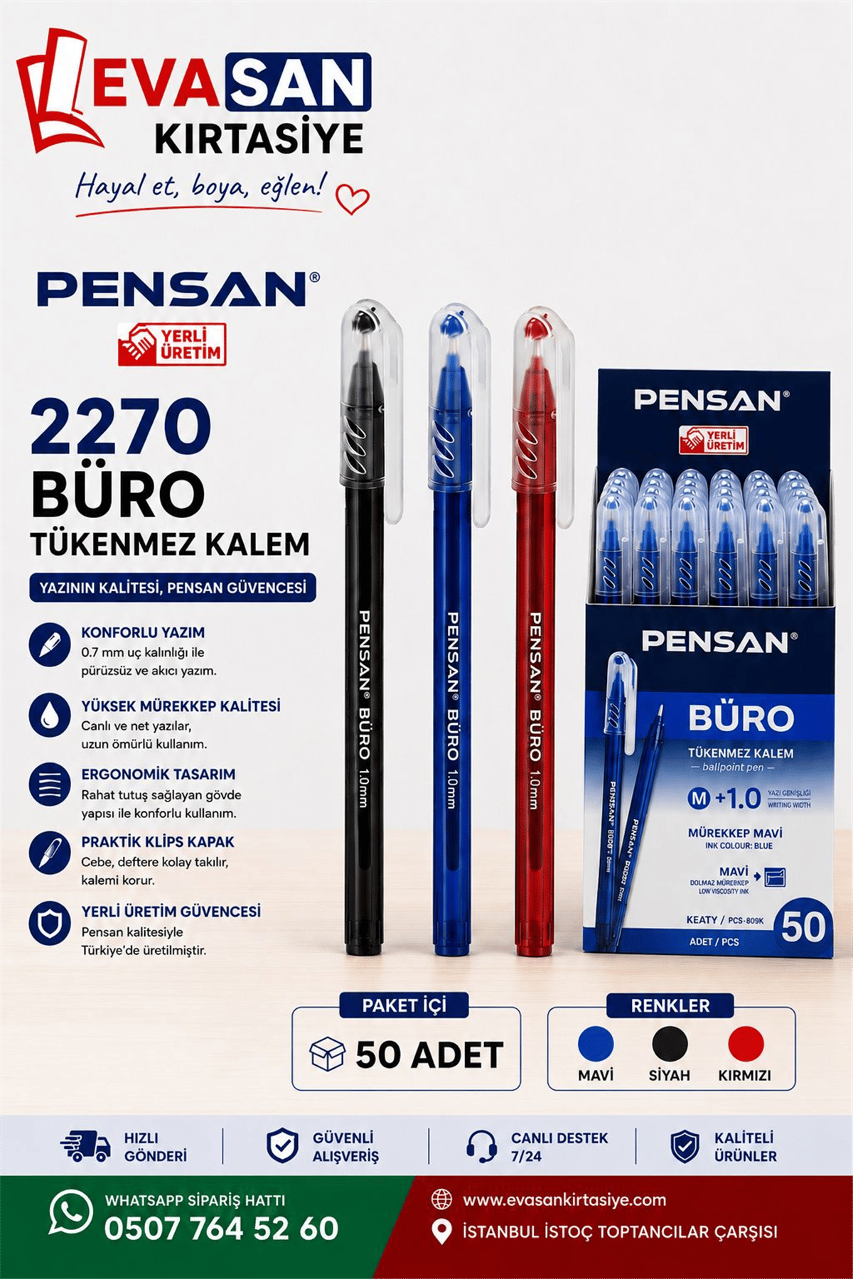 PENSAN 2270 BÜRO TÜKENMEZ KALEM MAVİ 50 Lİ