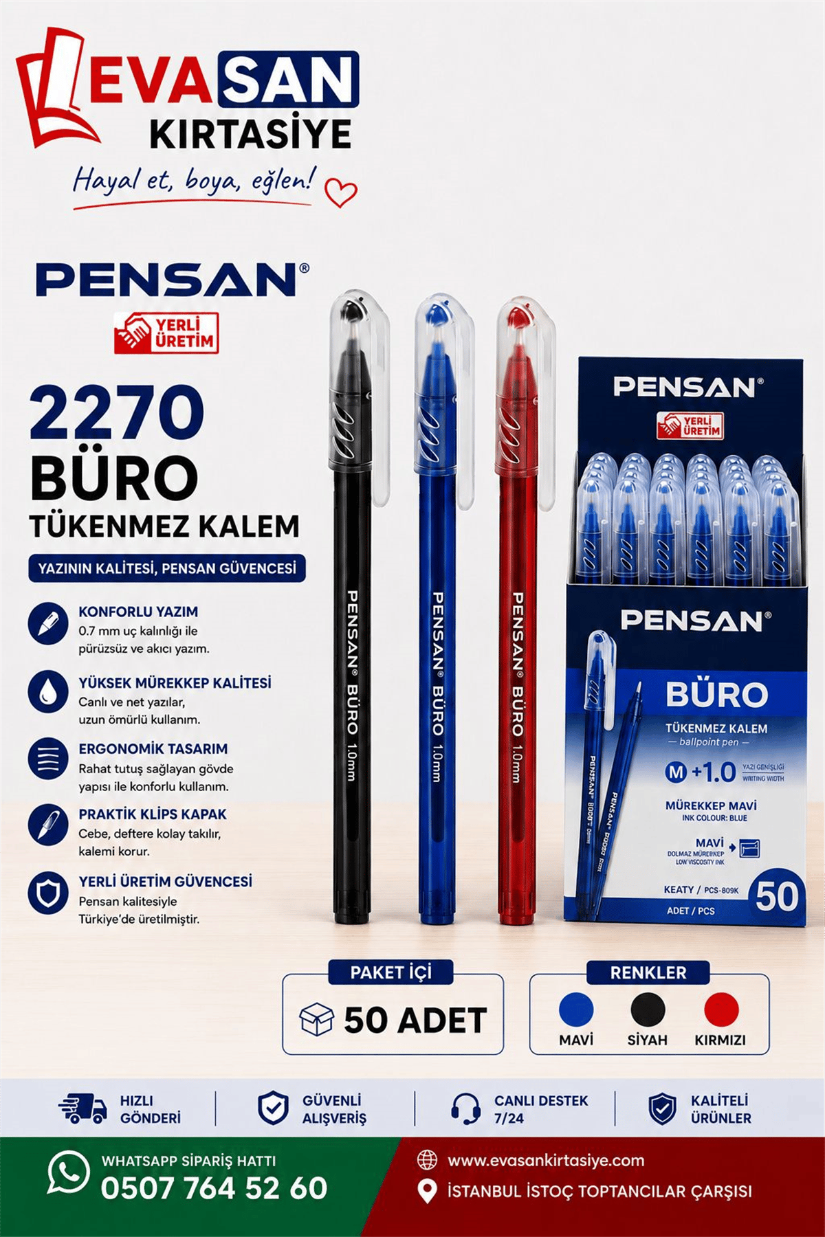 PENSAN 2270 BÜRO TÜKENMEZ KALEM MAVİ 50 Lİ