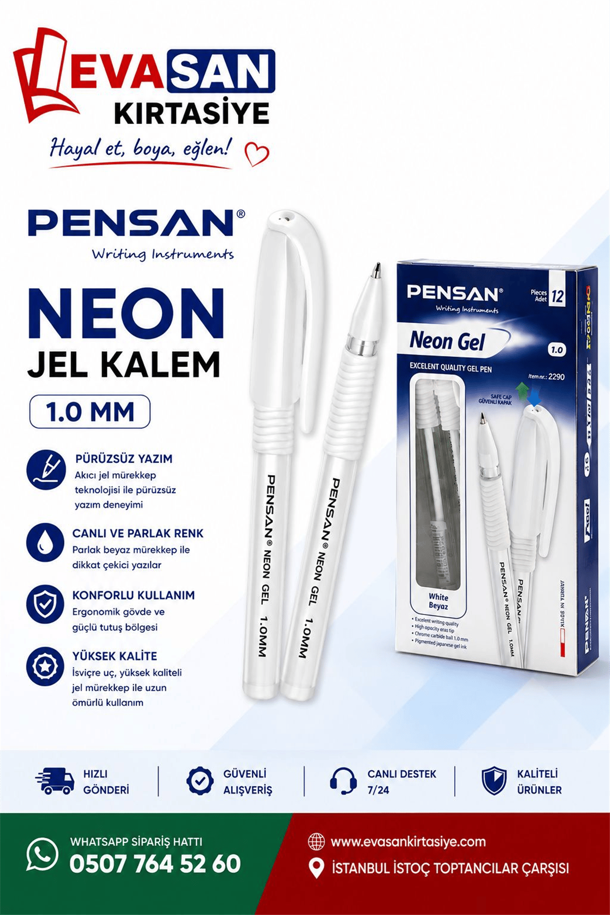 PENSAN 2290 NEON JEL BEYAZ KALEM 12 Lİ