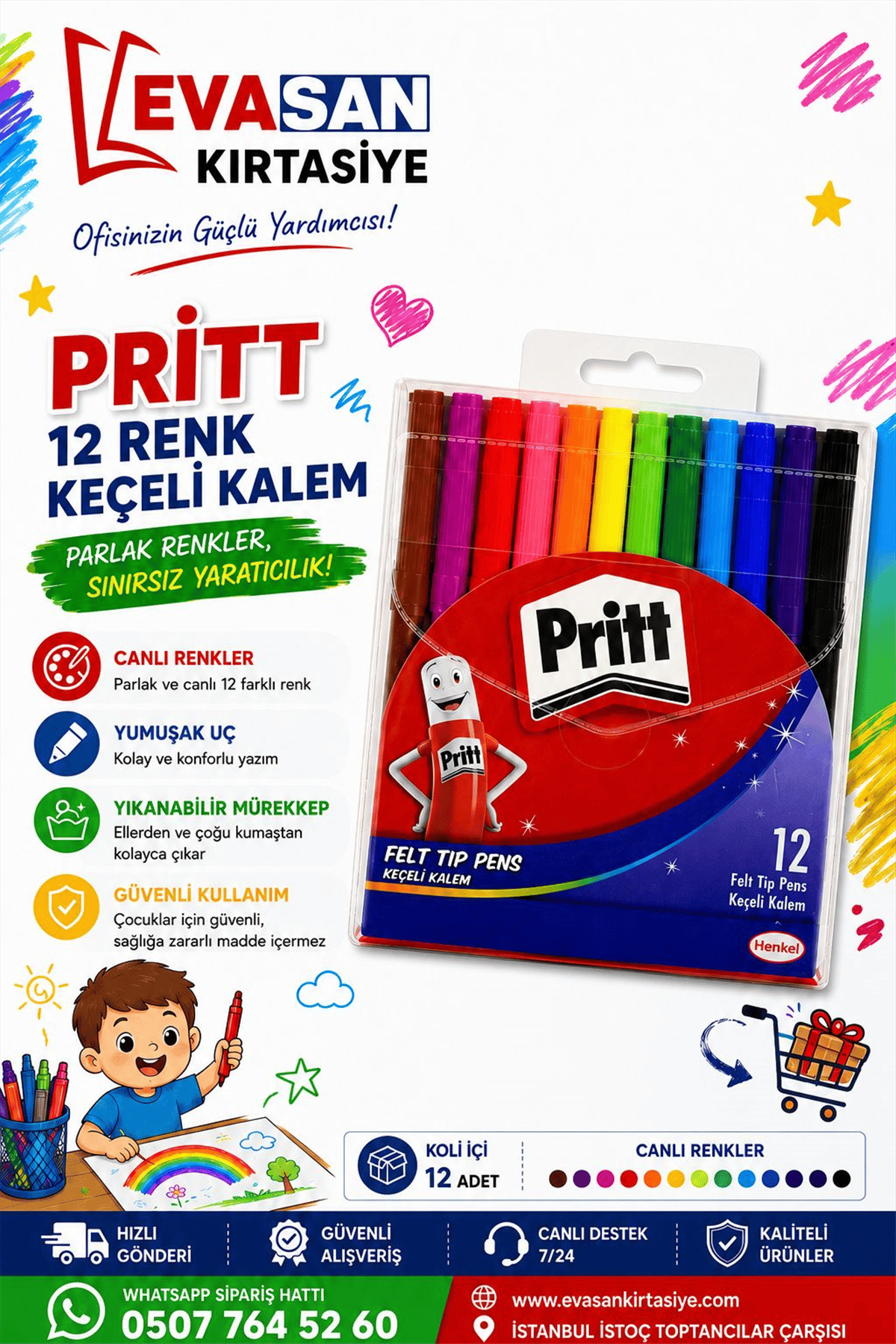 PRİTT 12 RENK KEÇELİ KALEM PK:12 Lİ