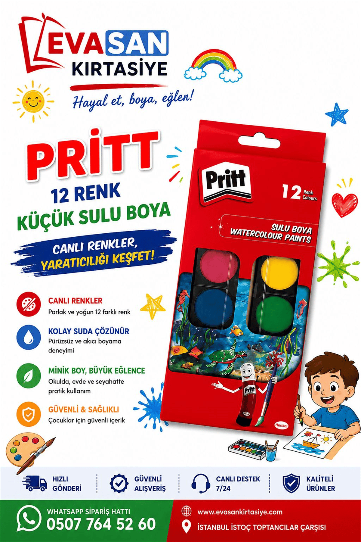 PRİTT 12 RENK KÜÇÜK SULU BOYA PK:12 Lİ