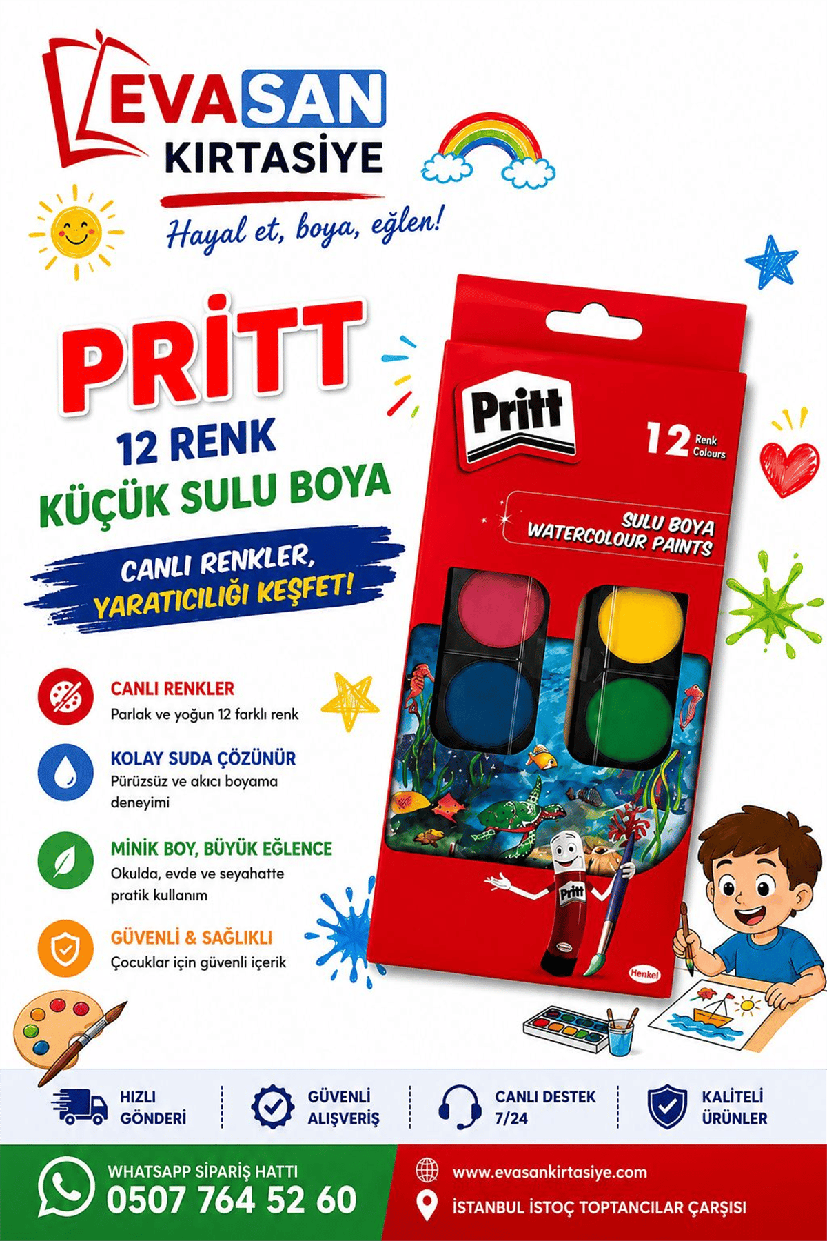PRİTT 12 RENK KÜÇÜK SULU BOYA PK:12 Lİ