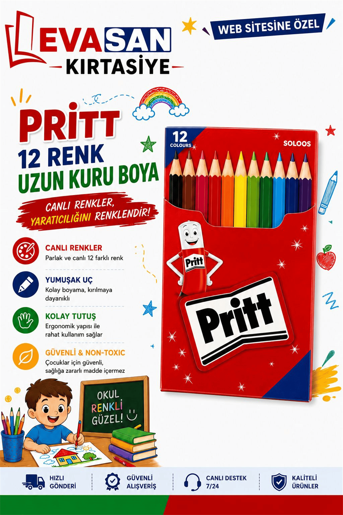 PRİTT 12 RENK UZUN KURU BOYA PK:12 Lİ