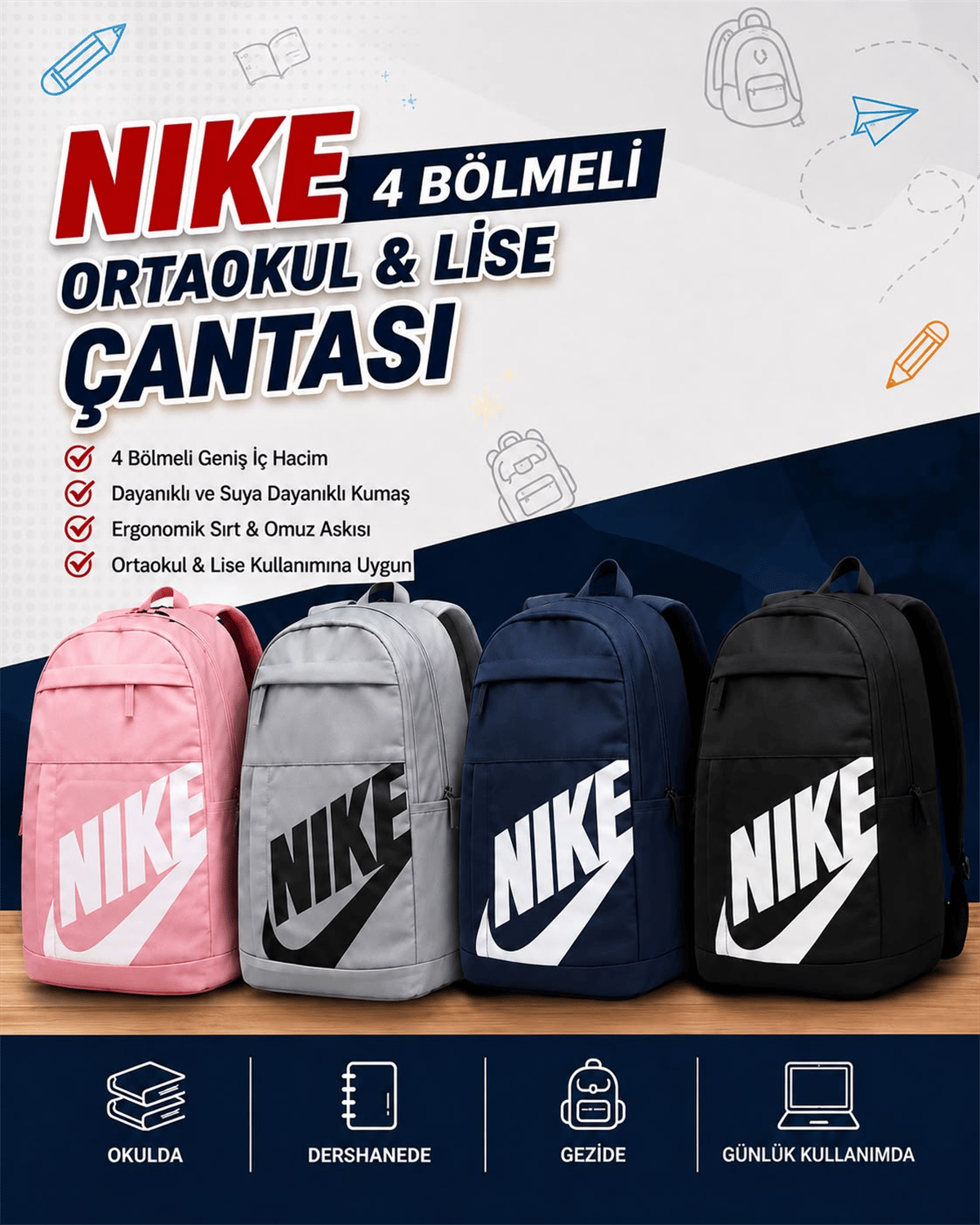 RBS 4 BÖLMELİ NIKE ORTAOKUL VE LİSE ÇANTASI