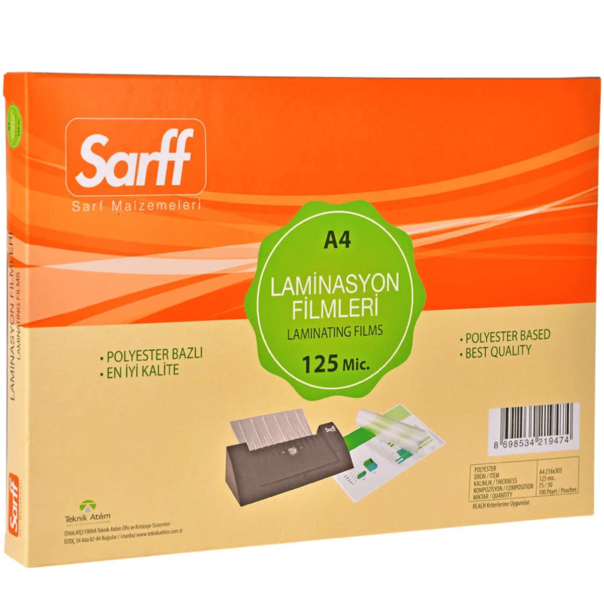 SARFF A4 125 MİCRON LAMİNASYON FİLMİ PK:100 LÜ *10