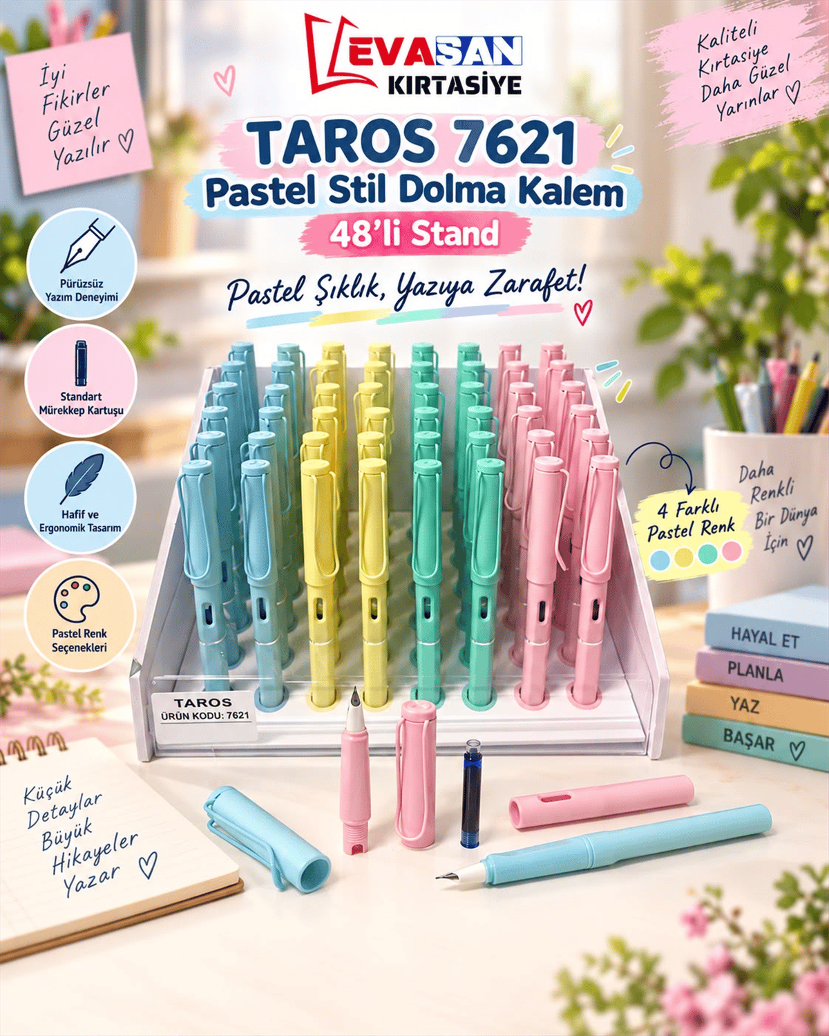 TAROS 7621 PASTEL STİL DOLMA KALEMİ 48 Lİ STAND
