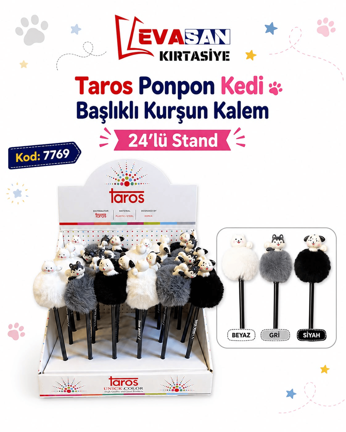 TAROS 7769 PONPON KEDİ BAŞLIKLI KURŞUN KALEM 24 LÜ STAND