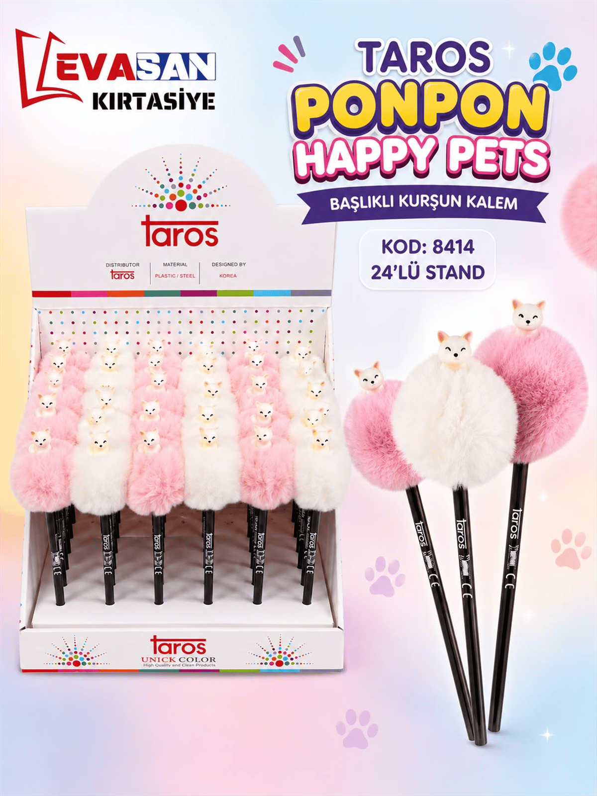 TAROS 8414 PONPON HAPPY PETS BAŞLIKLI KURŞUN KALEM 24 LÜ STAND 