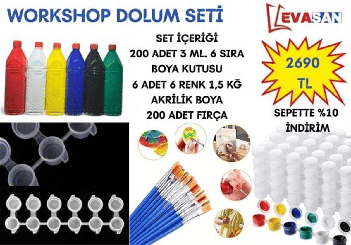 WORKSHOP DOLUM SETİ 200 FIRÇA+200 6 LI TÜP 6 ADET 1,3 KĞ BOYA