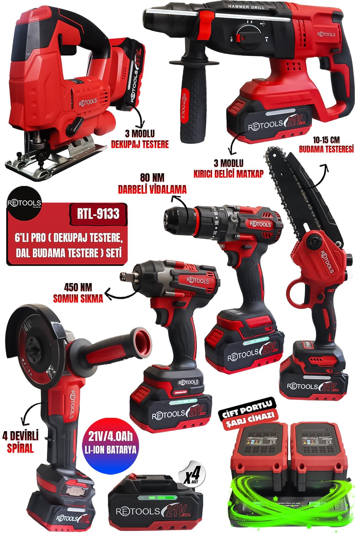 RETOOLS 6'LI SET KIRMIZI KABARTMALI (DEKUPAJ – DAL BUDAMA TESTERESİ)