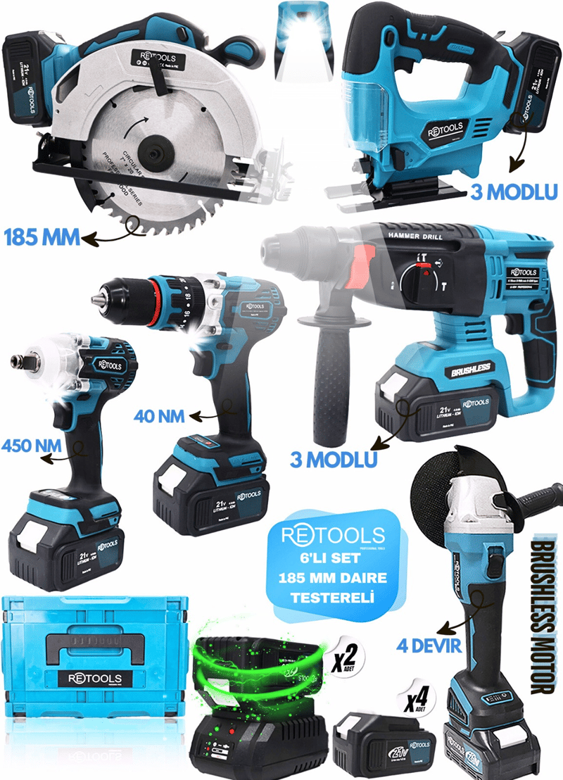 RKL-9088 - RETOOLS 6LI SET 185 MM DAİRE TESTERELİ VE USB IŞIKLI