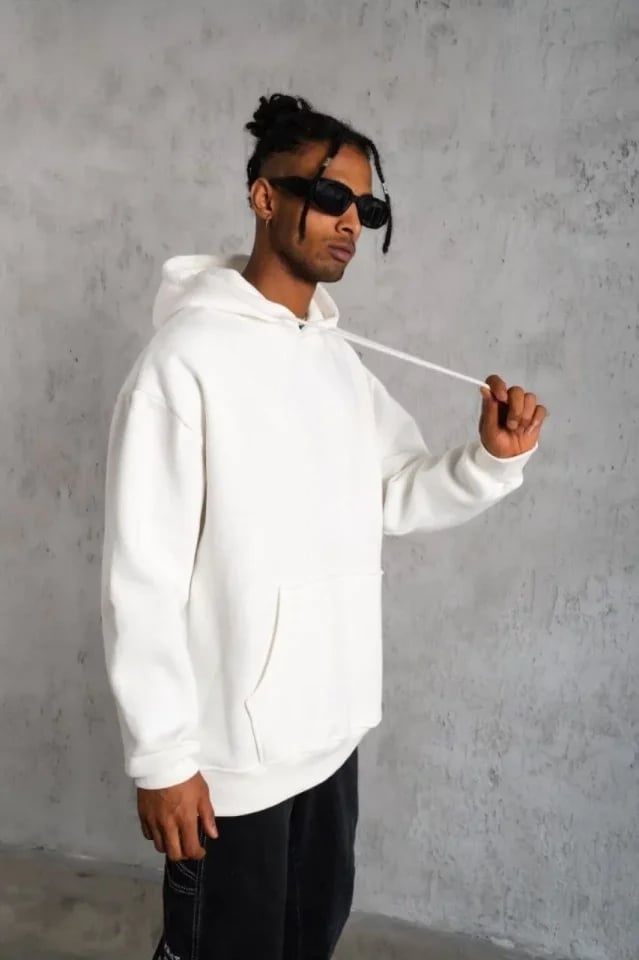 3 İplik Kapşonlu Sweatshirt Hoodie - Beyaz