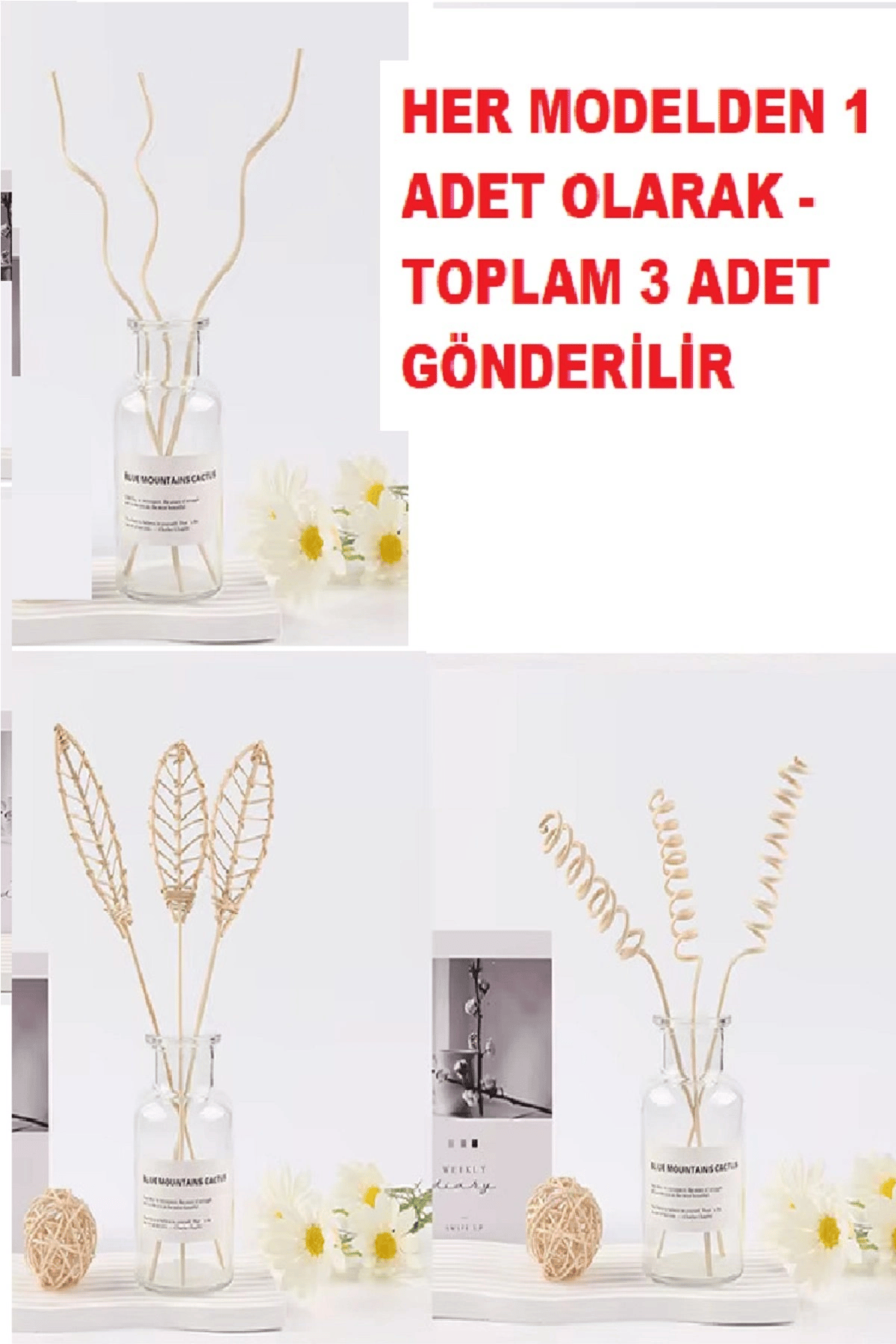 3 Tek Adet 3 Model Aromaterapi Koku Dağıtıcı Rattan Şişe Ahşap Difüzör Çubuk (Spiral-Yaprak-Dalgalı)