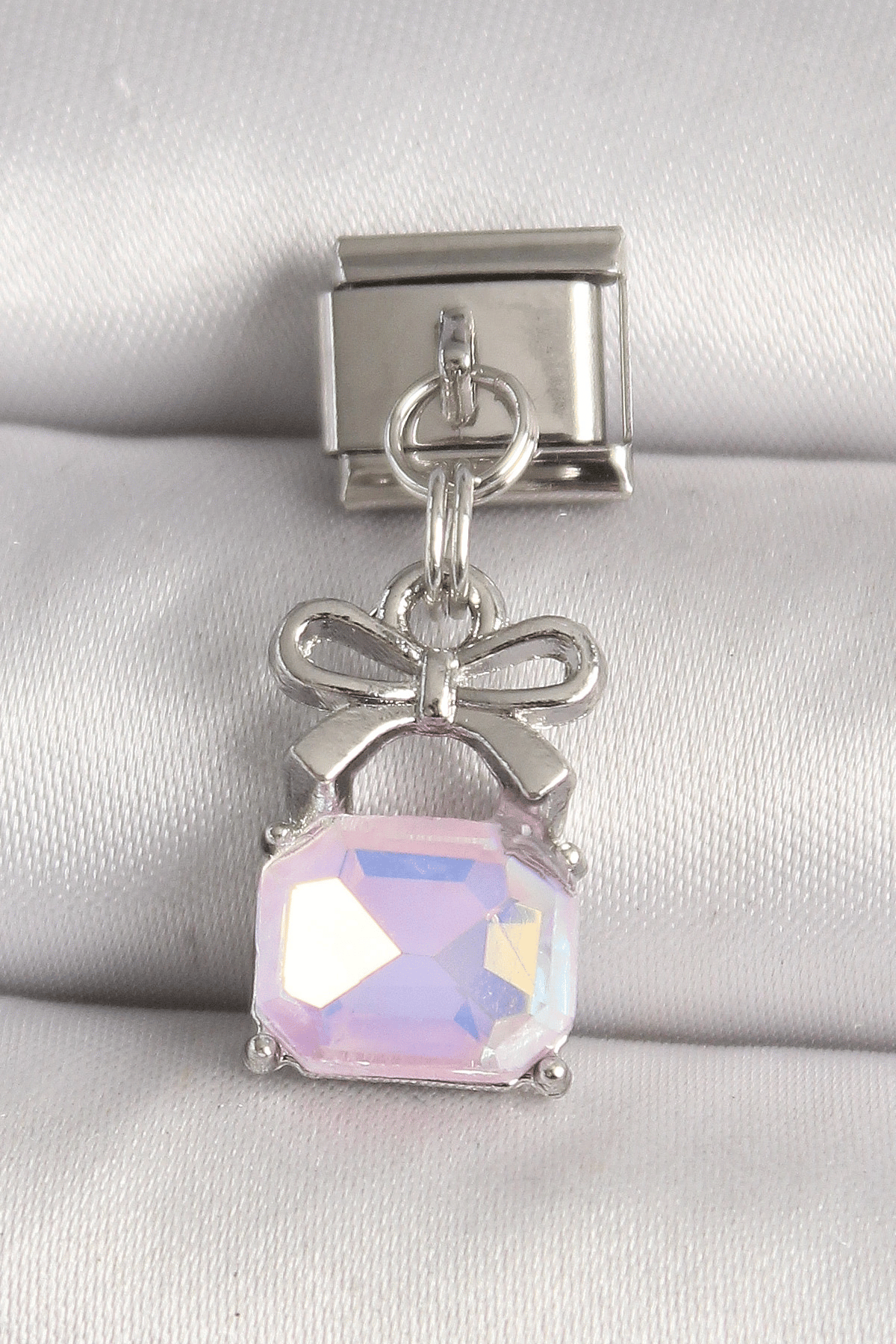316L Çelik Gümüş Renk Pembe Zirkon Taşlı Çanta Model Nomination Charm