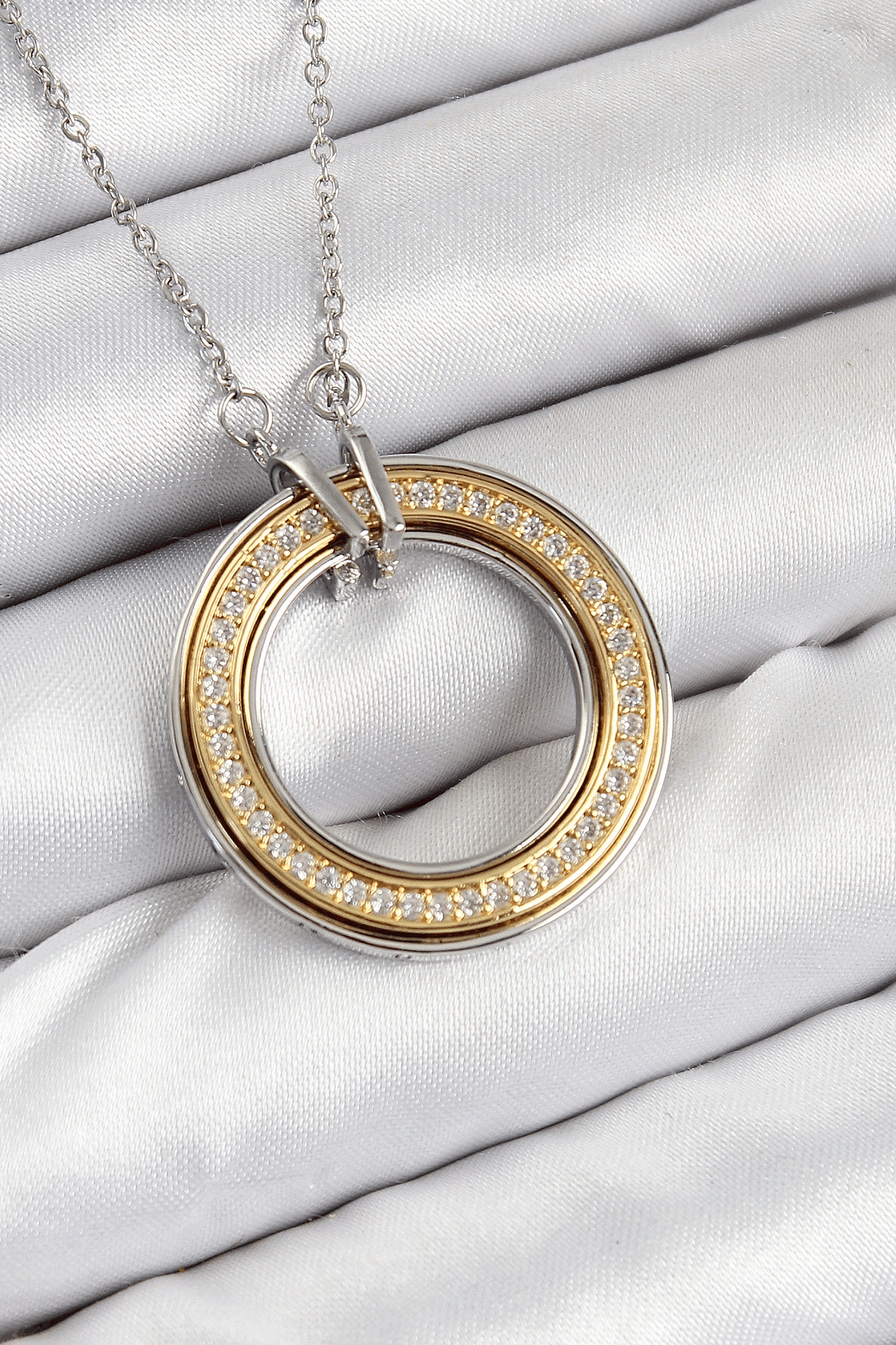 316L Çelik Zirkon Taşlı Dönen Daire Model Gold Ve Gümüş Renk Kadın Kolye