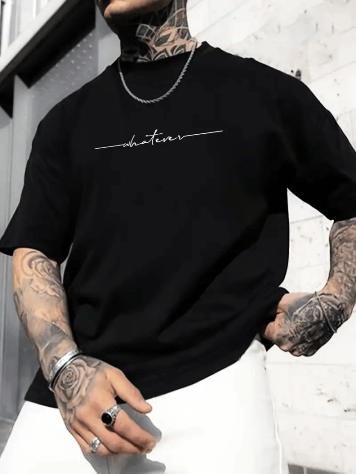 Baskılı Oversize Bisiklet Yaka T-shirt - Siyah