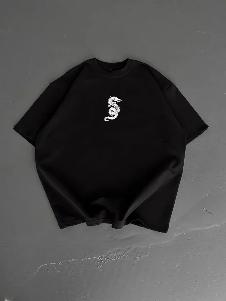 Baskılı Oversize Bisiklet Yaka T-shirt - Siyah
