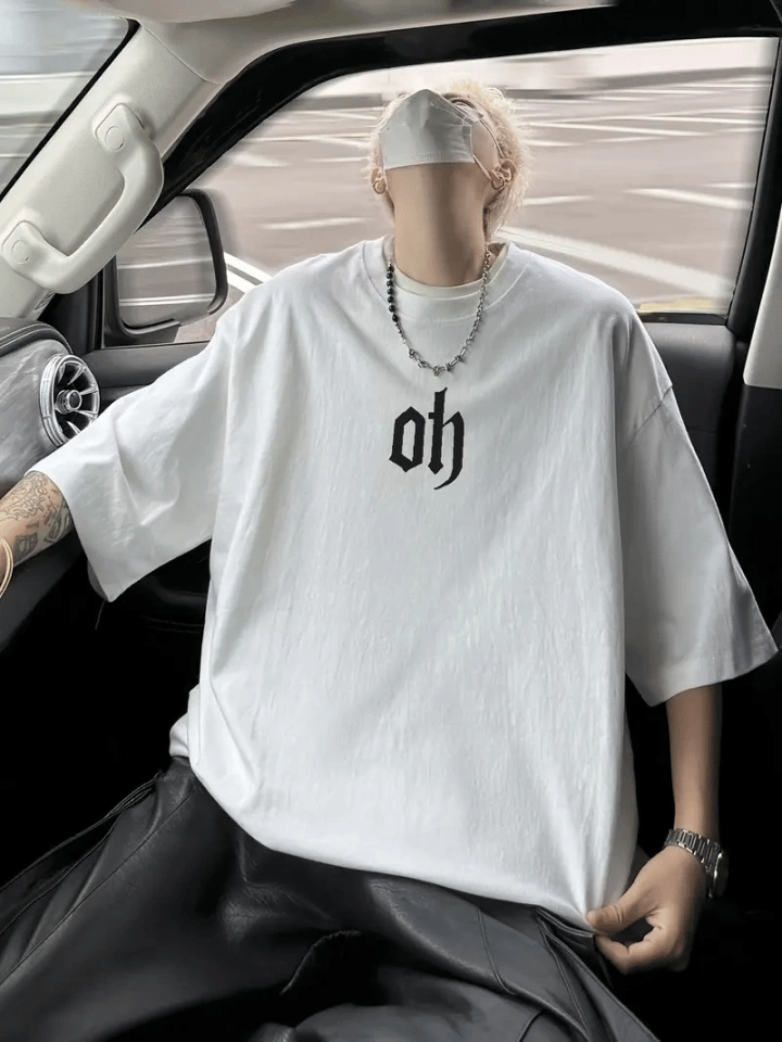 Baskılı Oversize Bisiklet Yaka T-shirt - Beyaz