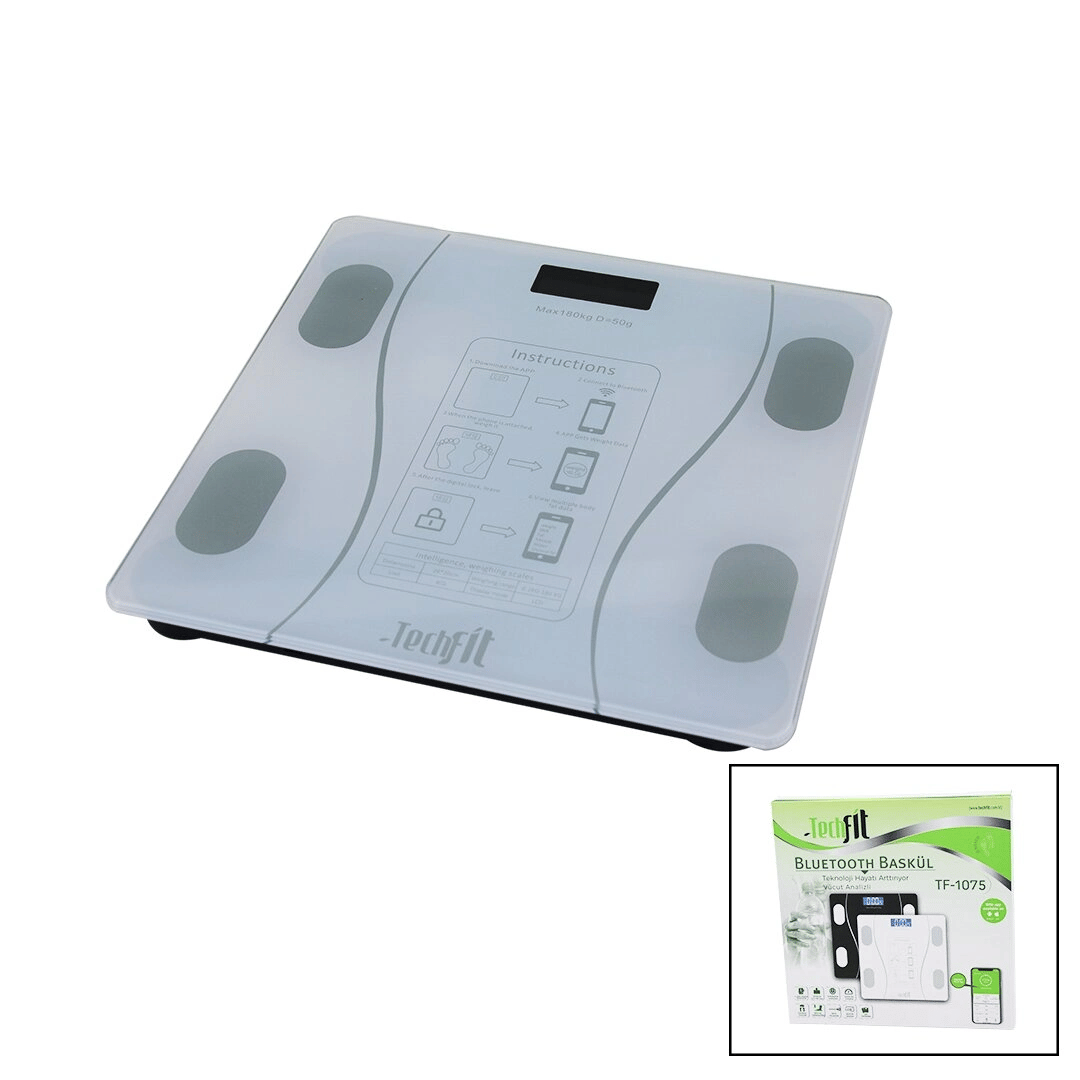 BLUETOOTH VÜCUT ANALİZLİ DİJİTAL BASKÜL TERAZİ 180KG/50G YAĞ -SU -KAS ORAN -BMI -ODA ℃ TF-1075