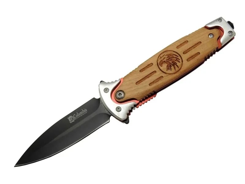 Columbia FS 11032 Kahverengi Kurtarma / Kamp Çakısı 20cm - Kartal İşlemeli Ahşap Sap, Kemerlikli, Cam Kırma Aparatlı