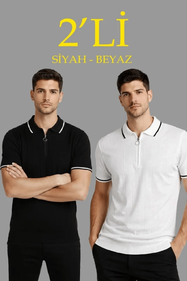 Erkek 2’li Paket Dokuma Triko  Fermuarlı Yakalı Fitilli Kısa Kollu Regular Fit Tişört - Beyaz - Siyah