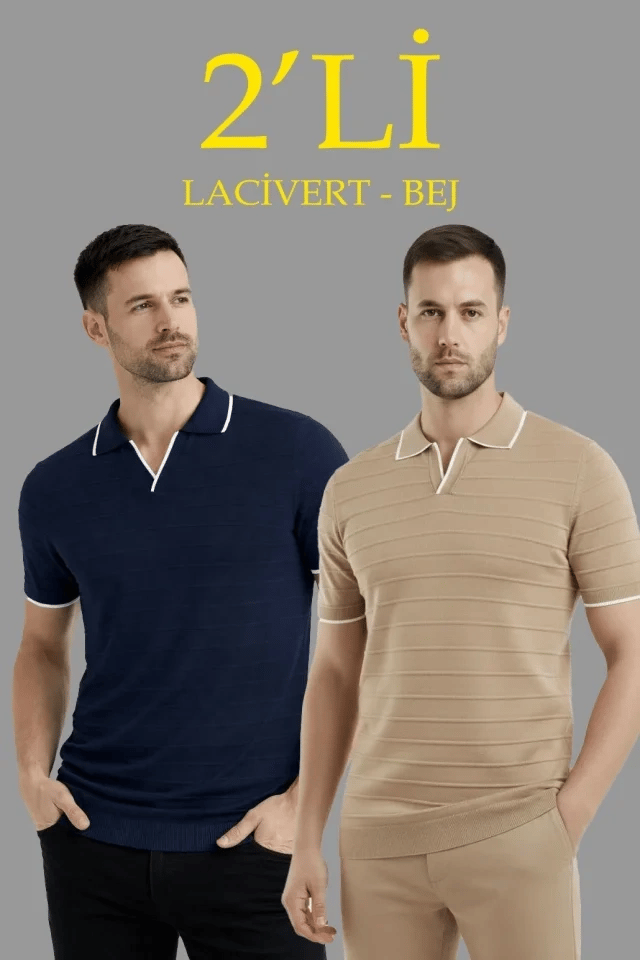 Erkek 2’li Paket Triko Yakalı Düğmesiz Açık Yaka Fitilli Kısa Kollu Regular Fit Tişört - Lacivert - Bej