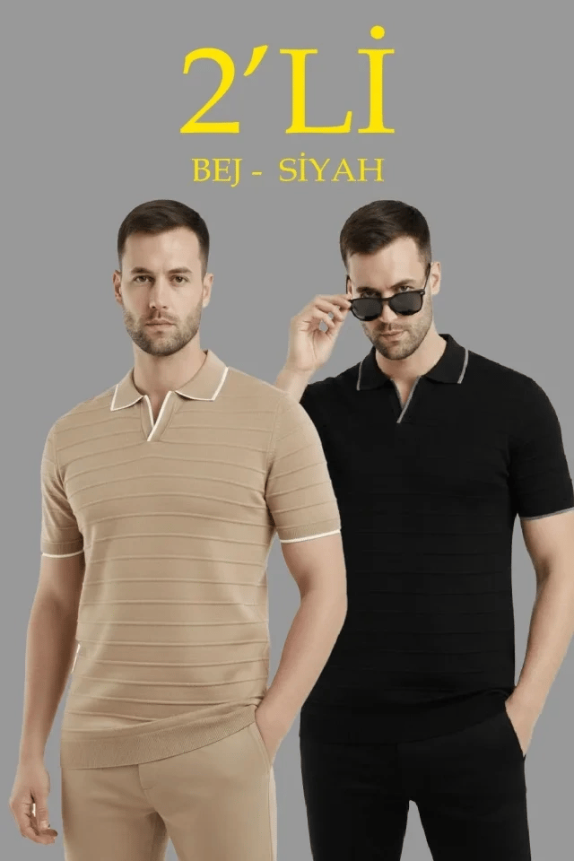 Erkek 2’li Paket Triko Yakalı Düğmesiz Açık Yaka Fitilli Kısa Kollu Regular Fit Tişört - Bej - Siyah