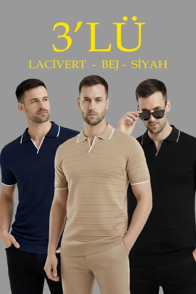 Erkek 3’lü Paket Triko Yakalı Düğmesiz Açık Yaka Fitilli Kısa Kollu Regular Fit Tişört - Lacivert, Bej, Siyah