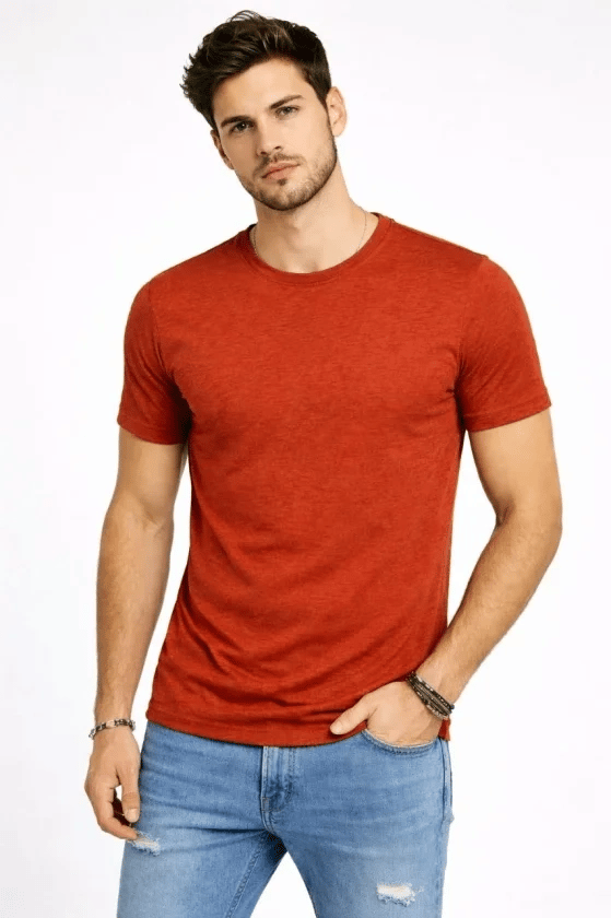 Erkek Flam Kumaş Melanj Dokulu Regular Fit Tişört Bisiklet Yaka Yazlık T-Shirt - Kiremit