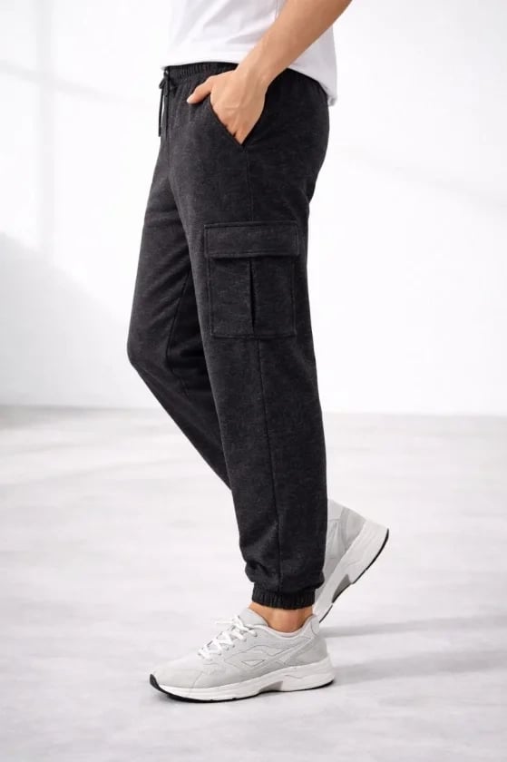 Erkek Jogger Eşofman Altı Regular Fit , Kargo Cepli, Lastikli Paça, Günlük Spor Pantolon - Füme