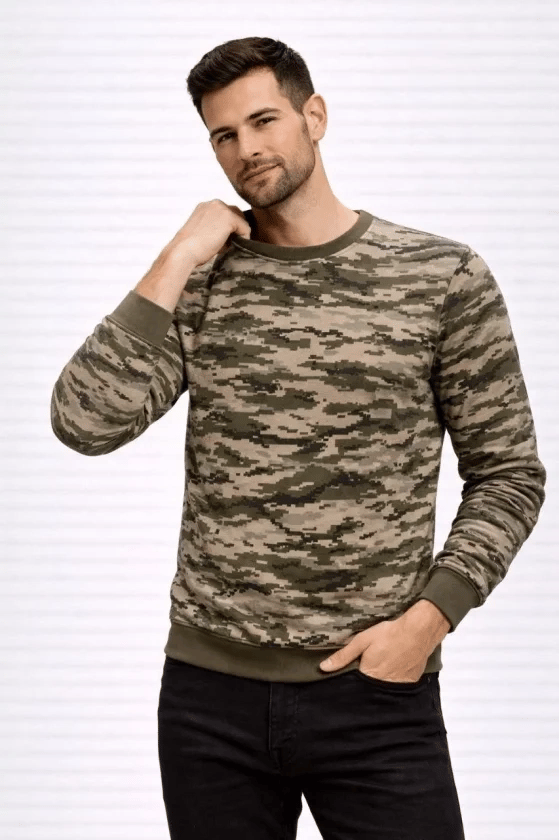 Erkek Kamuflaj Desenli 2 İplik 4 Mevsim Uzun Kollu Bisiklet Yaka Sweatshirt - Kamuflaj