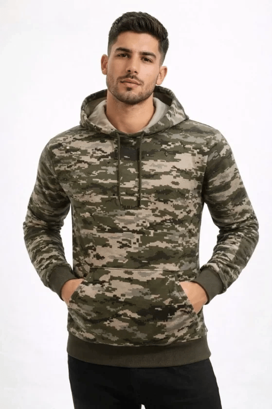 Erkek Kamuflaj Desenli 2 İplik 4 Mevsim Kapüşonlu Kanguru Cepli Hoodie Sweatshirt - Kamuflaj