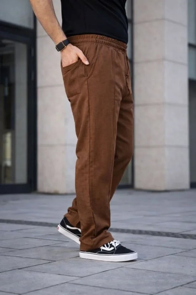 Erkek Keten Cepli Çıma Dikişli Jogger Buggy Pantalon Rahat Kalıp - Kahverengi