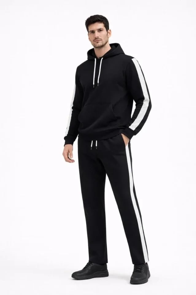 Erkek Şeritli Eşofman Takım Kapüşonlu Sweatshirt Boru Paça Alt, Oversize 3 Iplik Pamuklu - Siyah