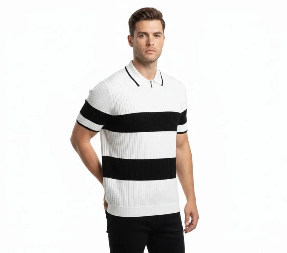 Erkek T-shirt Çizgili Triko Dokuma Kumaş Polo Yaka Yarım Fermuarlı Regular Kalıp Tişört - Beyaz