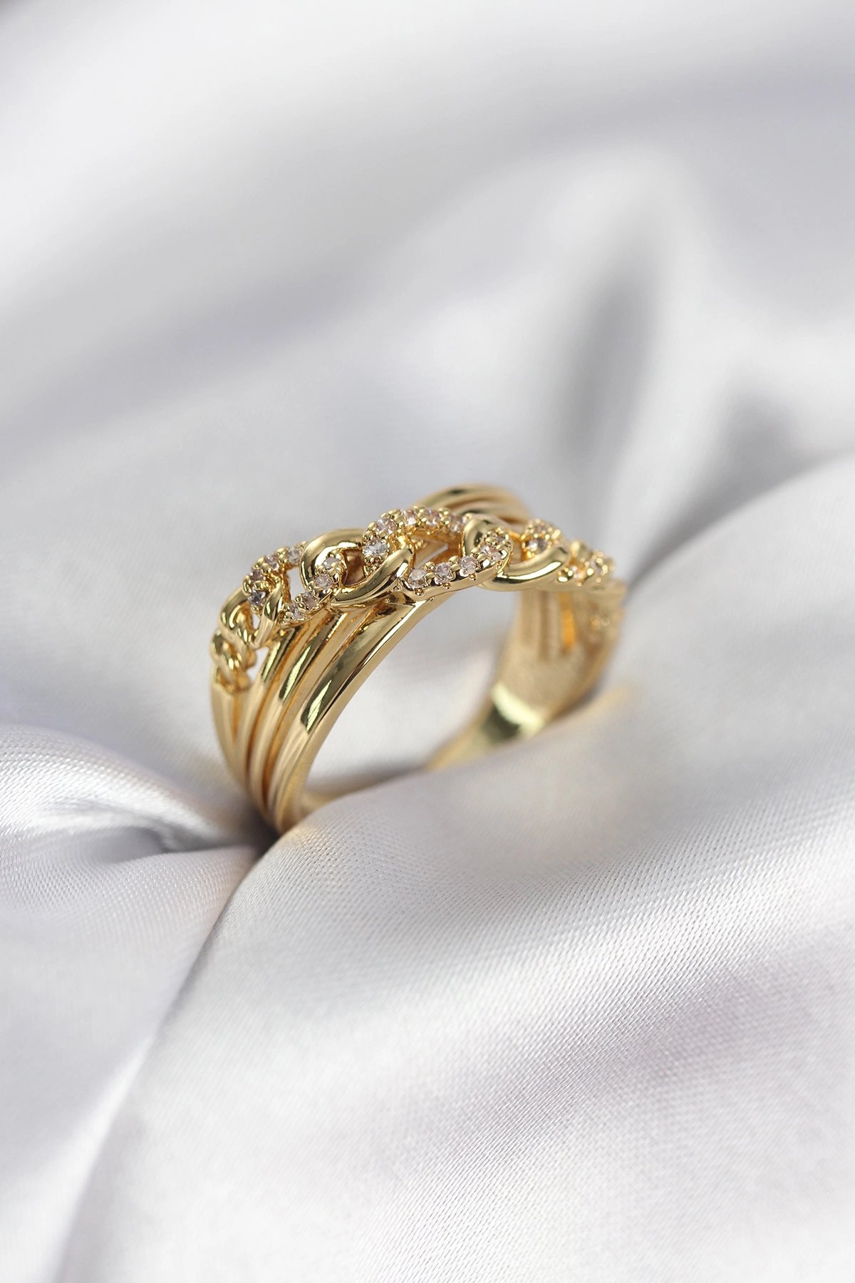 Gold Renk Zirkon Taşlı Zincir Model Kadın Yüzük