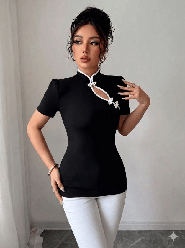 Kadın Beyaz şerit Detaylı Dar Kesim Dik Yaka Bluz