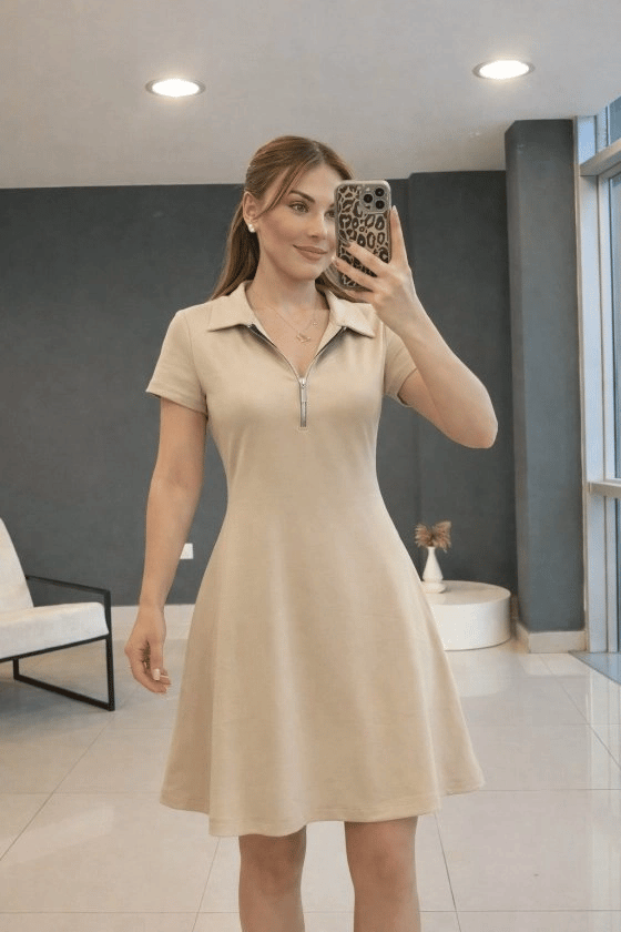 Kadın Kısa Kollu Yakası Fermuarlı Kısa Viskon Iki Iplik Elbise