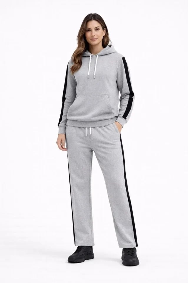 KADIN Yandan Şeritli Eşofman Takım Kapüşonlu Sweatshirt Boru Paça Alt, Oversize 3 Iplik Pamuklu - Gri