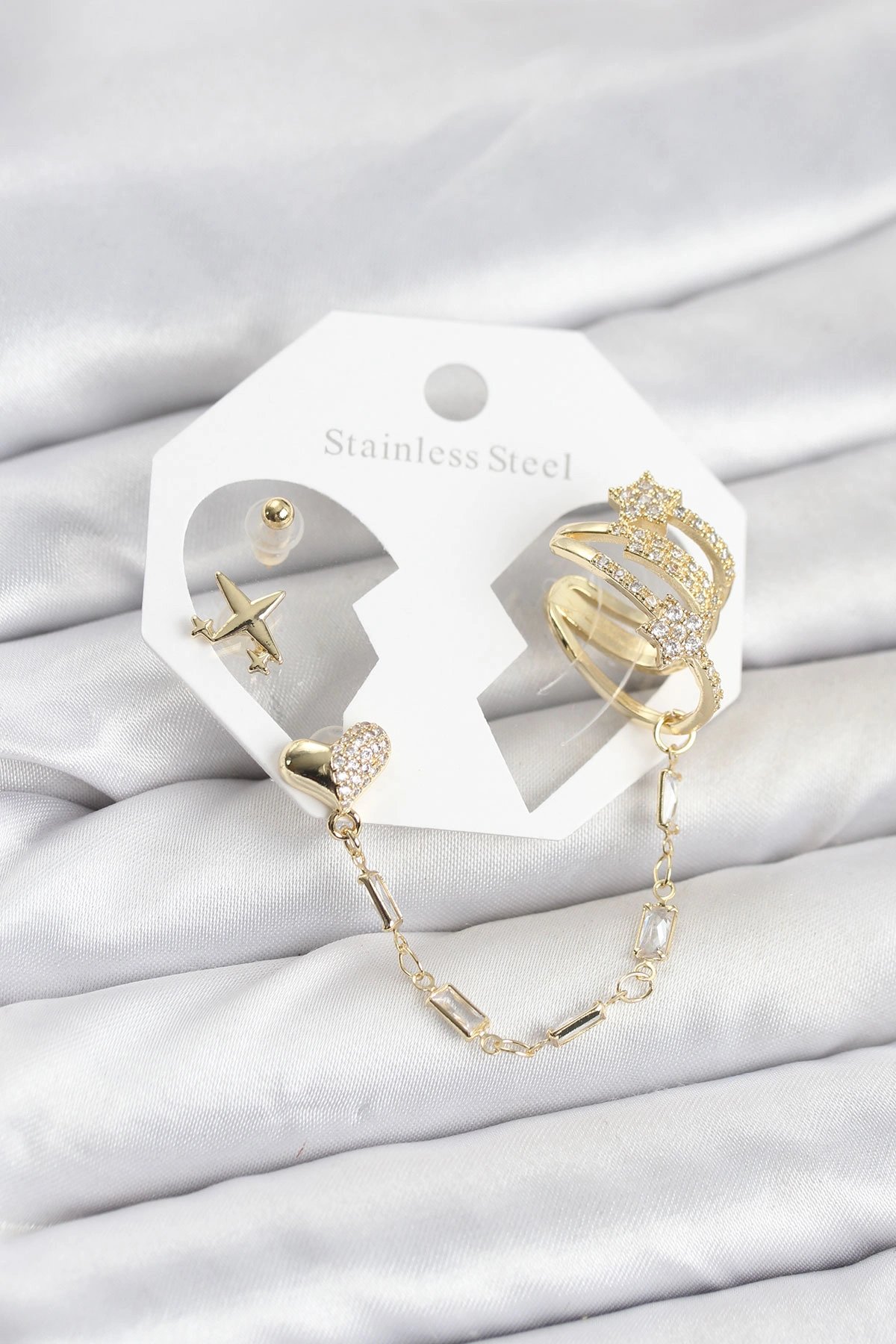 Kalp Yıldız Model Pirinç Gold Renk Zincir Bağlantılı Ear Cuff Küpe Seti