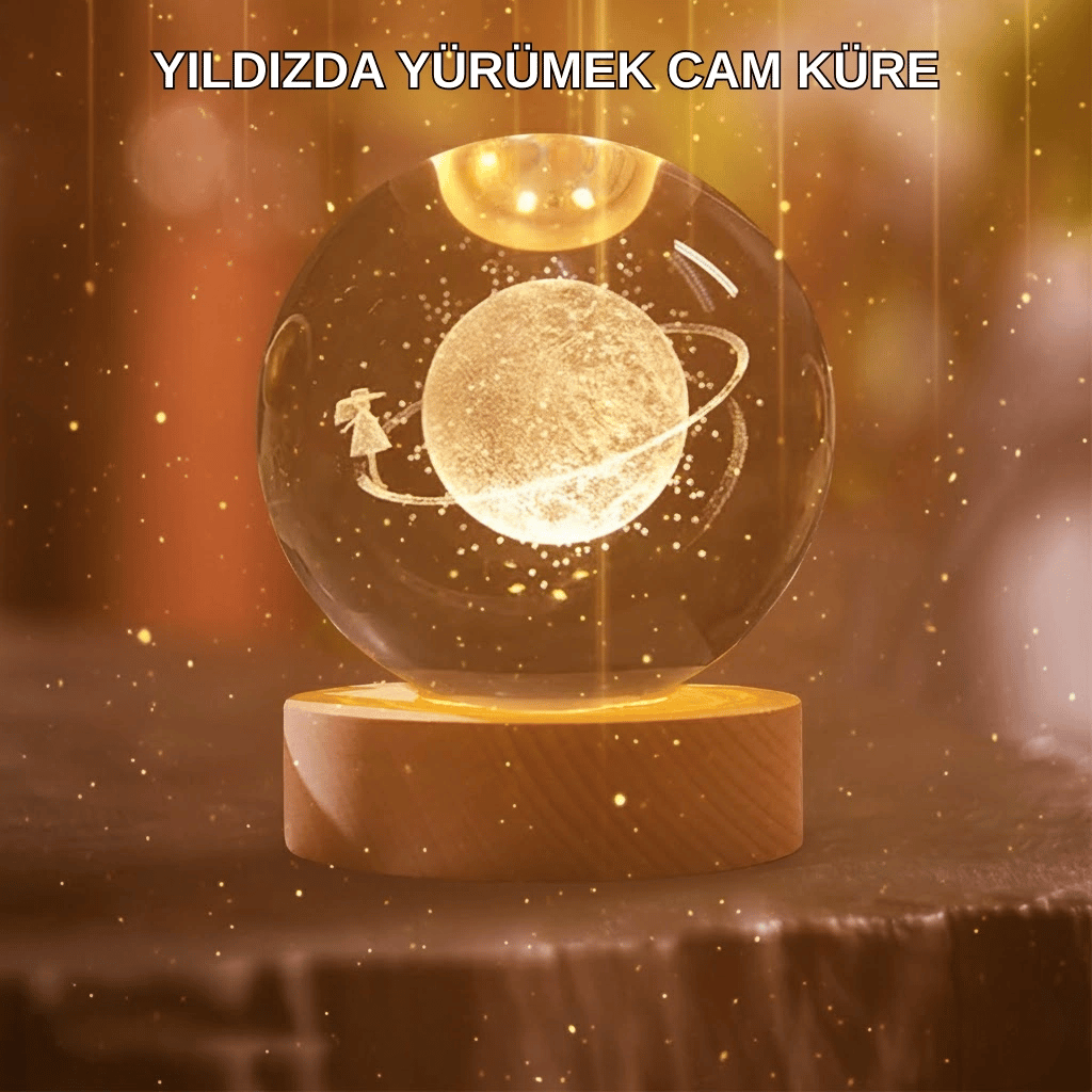 Kız Figürlü Sarı Cam Küre Işıklı Büyük Boy Ahşap Standlı Dekor