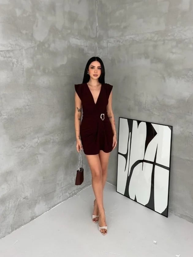 Kruvaze Drapeli Tokalı Mini Elbise Şık Gece Davet Abiye - Kahverengi