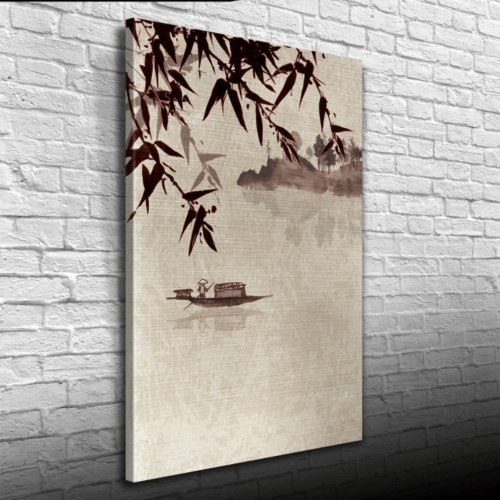 Nehirdeki Çinli Kayıkçı Suluboya Kanvas Tablo 50 x 70