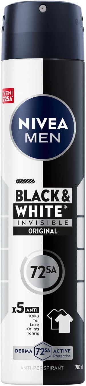 NIVEA MEN Erkek Sprey Deodorant Black&White Invisible Original 200ml, 72 Saat Anti-Perspirant Ter Koruması
