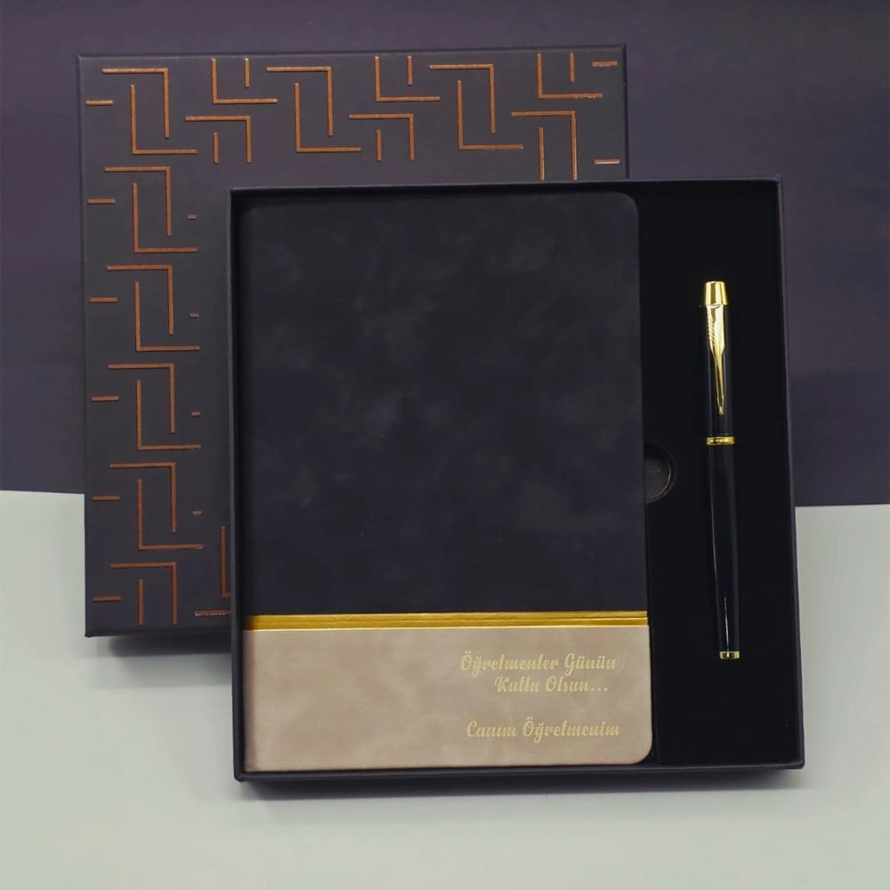 Öğretmenler Günü Özel Siyah Deri Defter Ve Metal Roller Kalem Hediye Seti