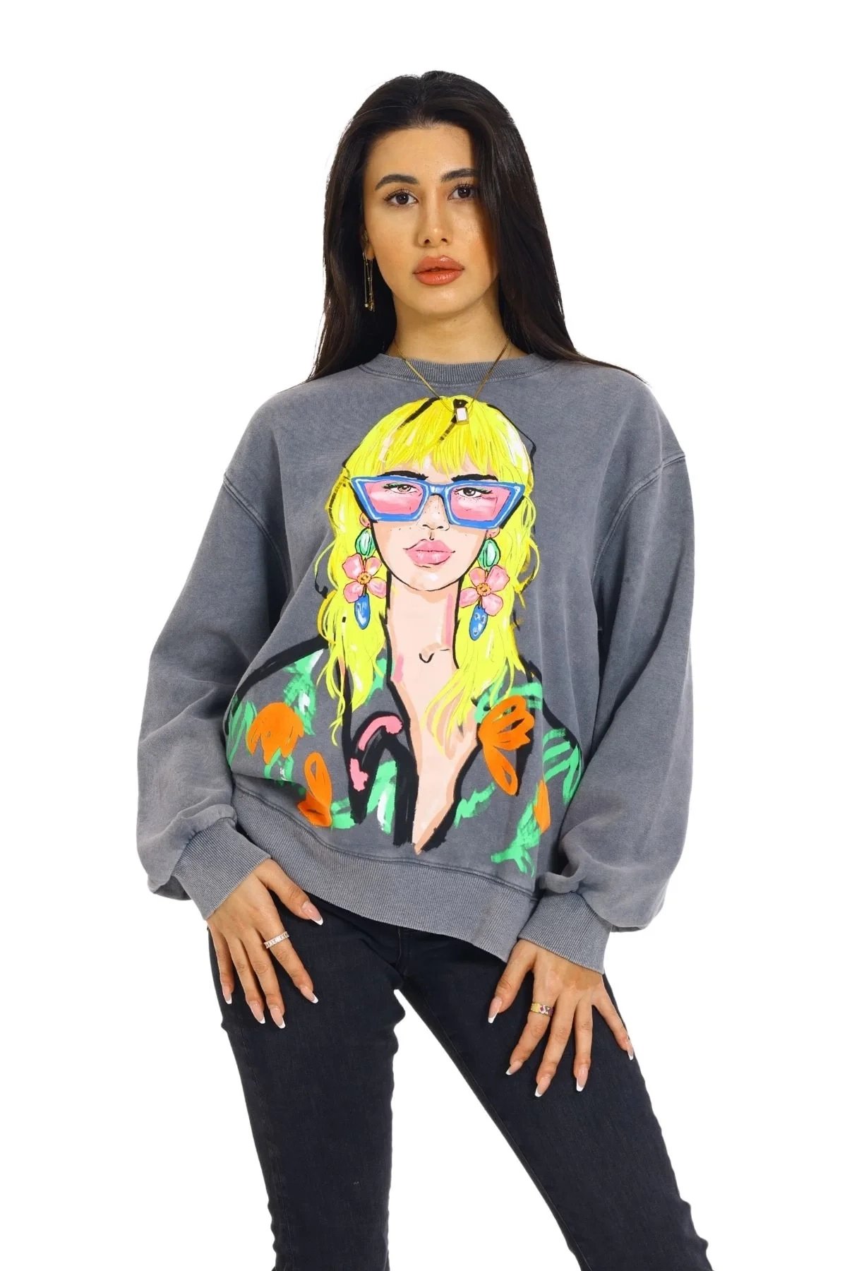 Önü Baskılı Bisiklet Yaka Kadın Sweatshirt