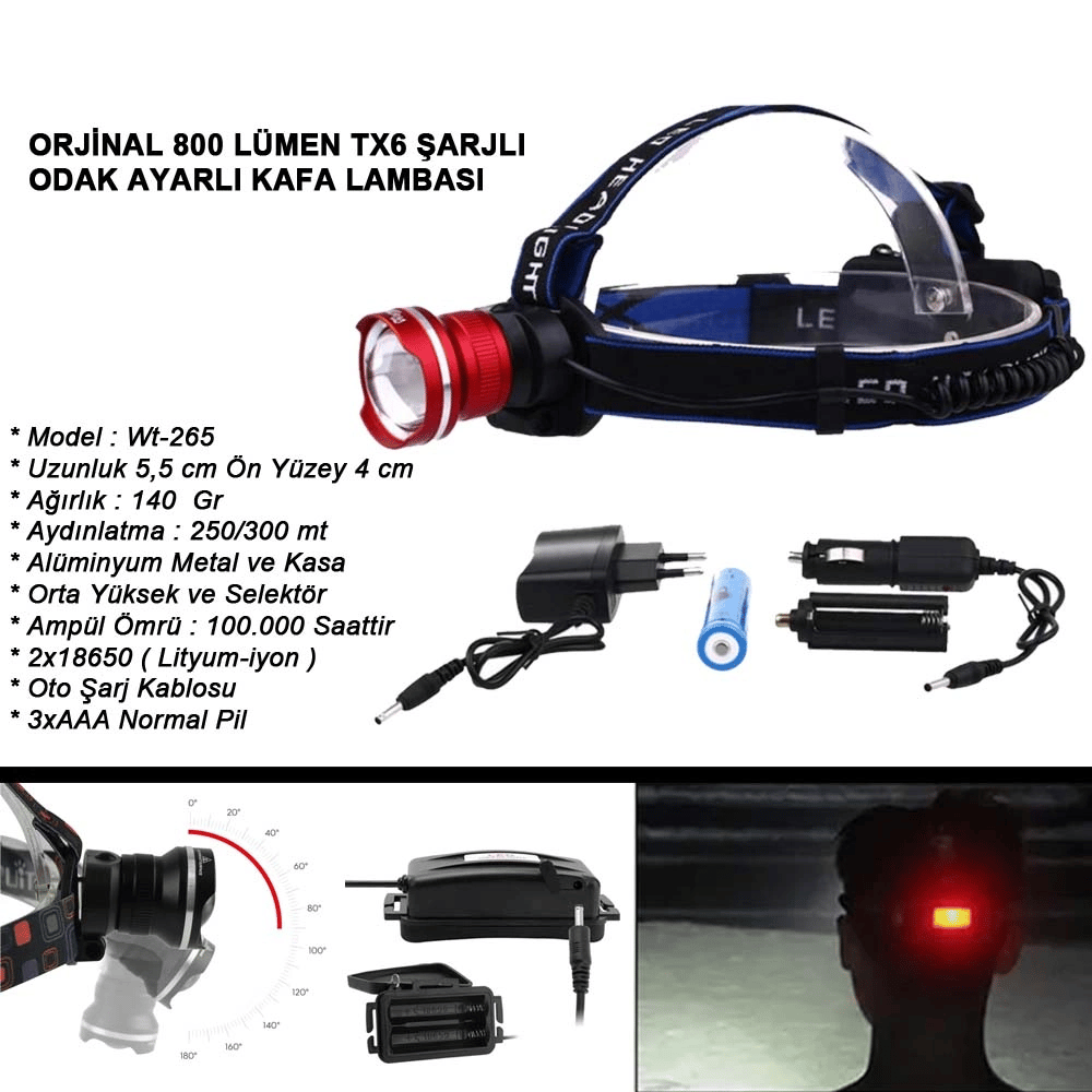 Orjinal 800 Lümen T6 Şarjlı Kafa Feneri Wt-265